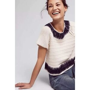 Anthropologie Feltwork Knit Top White & Navy XS | Boho Cottagecore Indie